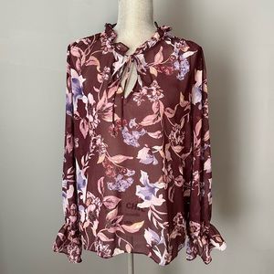 White House Black Market Plum Floral Long Sleeved Sheer Ruffled Blouse, sz XL